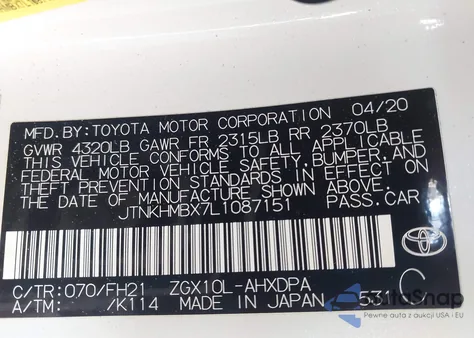 2020 Toyota C-Hr Le from USA, damaged, VIN JTNKHMBX7L1087151